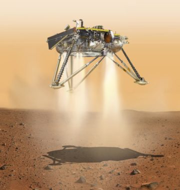Illustration montrant une vue simulée de l'atterrisseur InSight de la NASA sur le point d'atterrir à la surface de Mars. Cette vue montre le dessous de la sonde. Crédit image: NASA / JPL-Caltech